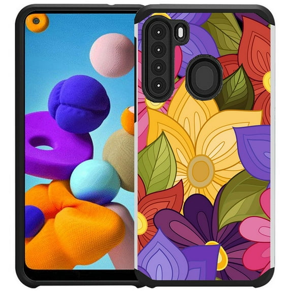 Samsung Galaxy A21 Case - Colorful Design Hybrid Armor Case Shockproof Dual Layer Protective Phone Cover - Coloful Flower