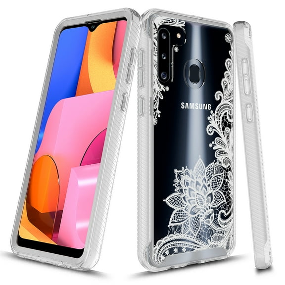 Samsung Galaxy A21 Case, Kaesar Graphic Design Shockproof Impact Resistant Protective Full-Body Rugged Clear Hybrid Bumper Case for Samsung Galaxy A21 (Lace Flower)