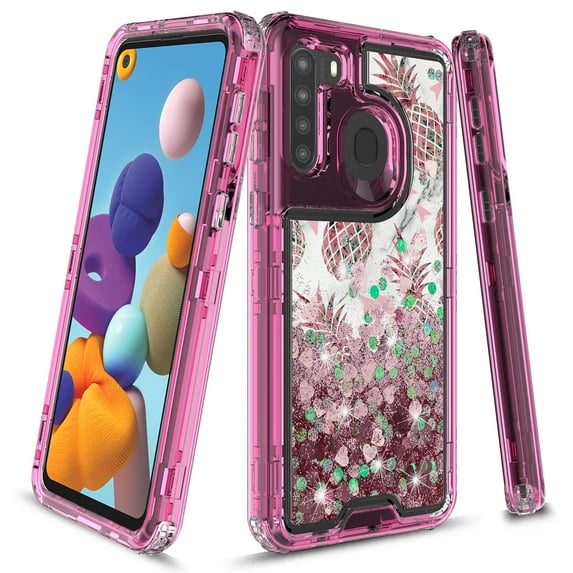 Samsung Galaxy A21 Case, Rosebono 3in1 Hybird Graphic Gradient Quicksand Glitter Liquid Floating with Frame Bumper Protective Armor Case for Samsung Galaxy A21 (Marble Pineapple)