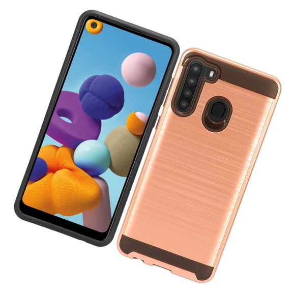 Samsung Galaxy A21 Phone Case Heavy Duty Brushed Texture Slim Hybrid Shock Proof Dual Layer 2 in 1 Hard Armor Defender Anti-Slip Grip Protective Rubber Rugged Rose Gold Cover for Samsung Galaxy A21