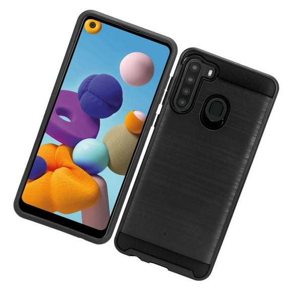 Samsung Galaxy A21 Phone Case Heavy Duty Brushed Texture Slim Hybrid Shock Proof Dual Layer 2 in 1 Hard & TPU Armor Defender Anti-Slip Grip Protective Rubber Rugged Black Cover for Samsung Galaxy A21