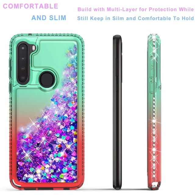 Samsung Galaxy A21 Phone Case, Liquid Floating Glitter Quicksand Bling with Spot Diamond Cover - Green/Red