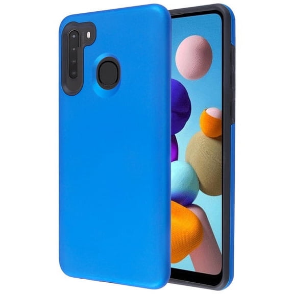 Samsung Galaxy A21 Phone Case Slim Hybrid Armor Shockproof Impact [Shock Absorption] Rubber Dual Layer Rugged Protective Hard PC Bumper Frame & Soft TPU [BLUE BLACK] Cover for Samsung Galaxy A21