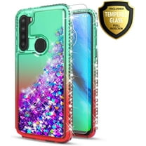 Samsung Galaxy A21 Phone Case, with [Tempered Glass Protector Included] Liquid Floating Glitter Quicksand Bling with Spot Diamond Cover - Green/Red