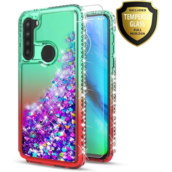 Samsung Galaxy A21 Phone Case, with [Tempered Glass Protector Included] Liquid Floating Glitter Quicksand Bling with Spot Diamond Cover - Green/Red