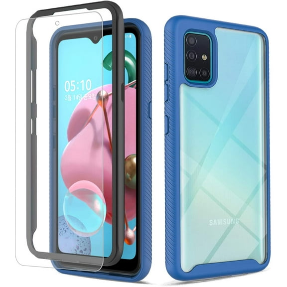 Samsung Galaxy A21S Phone Case, Transparent Drop Proof Cover with [Tempered Glass Screen Protector] (Blue)