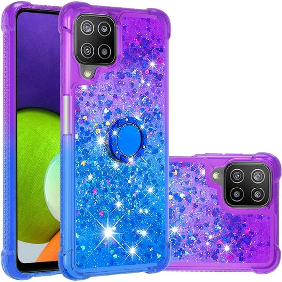 for Samsung Galaxy A22 4G (NOT 5G) Case w/Ring Holder,Samsung Galaxy M32 Clear Gradient Quicksand Glitter Flowing Liquid Floating Phone Case TPU Cover for Samsung Galaxy A22 4G JB Purple Navy