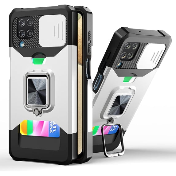 for Samsung Galaxy A22 4G (Not 5G) Sliding Window Case with Card Holders, Cover with Slide Camera Protection Built-in Magnetic Kickstand Case for Samsung Galaxy A22 4G TC Silver