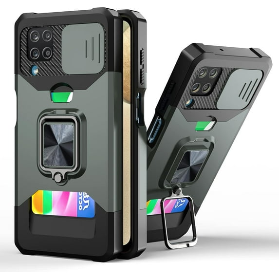 for Samsung Galaxy A22 4G (Not 5G) Sliding Window Case with Card Holders, Cover with Slide Camera Protection Built-in Magnetic Kickstand Case for Samsung Galaxy A22 4G TC Green