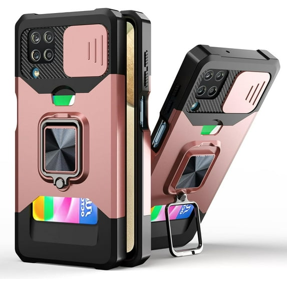 for Samsung Galaxy A22 4G (Not 5G) Sliding Window Case with Card Holders, Cover with Slide Camera Protection Built-in Magnetic Kickstand Case for Samsung Galaxy A22 4G TC Rose Gold