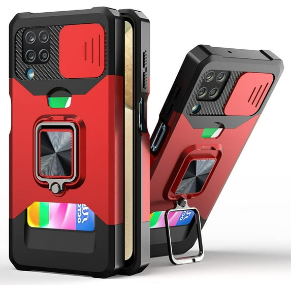 for Samsung Galaxy A22 4G (Not 5G) Sliding Window Case with Card Holders, Cover with Slide Camera Protection Built-in Magnetic Kickstand Case for Samsung Galaxy A22 4G TC Red