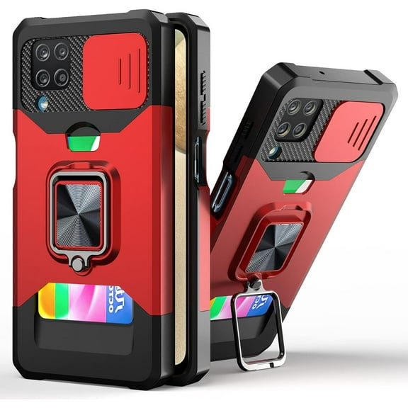 for Samsung Galaxy A22 4G (Not 5G) Sliding Window Case with Card Holders, Cover with Slide Camera Protection Built-in Magnetic Kickstand Case for Samsung Galaxy A22 4G TC Red