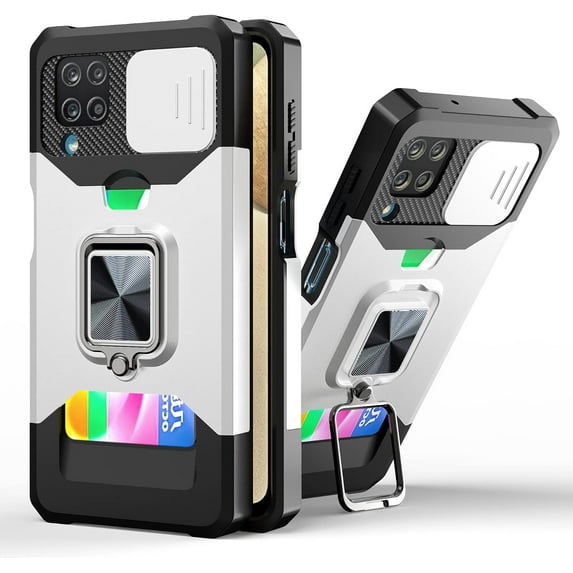 for Samsung Galaxy A22 4G (Not 5G) Sliding Window Case with Card Holders, Cover with Slide Camera Protection Built-in Magnetic Kickstand Case for Samsung Galaxy A22 4G TC Silver