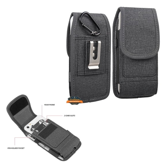 For Samsung Galaxy A22 5G, Boost Celero 5G Universal Vertical Fabric Case Holster with Dual Credit Card Slots, Belt Loop & Carabiner Carrying Phone Pouch - Black