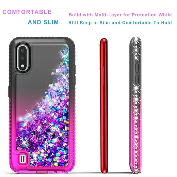 Samsung Galaxy A22 5G Case, Liquid Floating Glitter Quicksand Bling with Spot Diamond Cover - Black/Pink