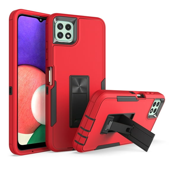 for Samsung Galaxy A22 5G Case: Military Grade Protection Shockproof Phone Cover Build-in Hidden Kickstand & Rugged TPU Shell | Matte Durable Drop Proof Heavy Duty Case,Red+Black