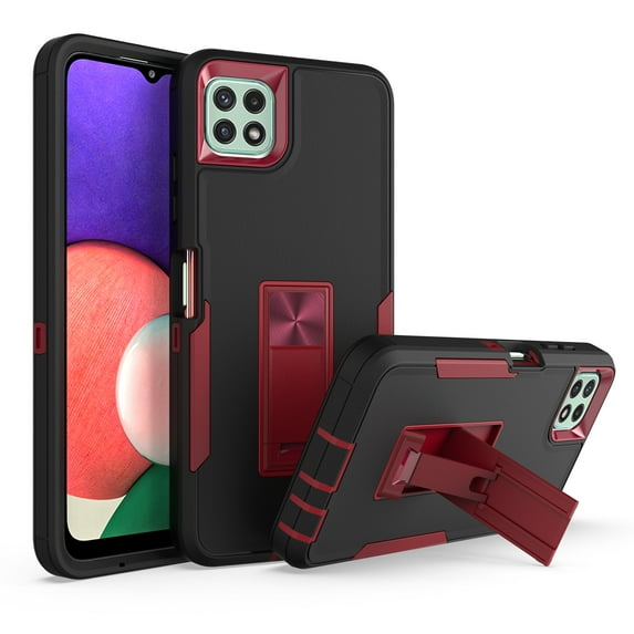 for Samsung Galaxy A22 5G Case: Military Grade Protection Shockproof Phone Cover Build-in Hidden Kickstand & Rugged TPU Shell | Matte Durable Drop Proof Heavy Duty Case,Black+Winered