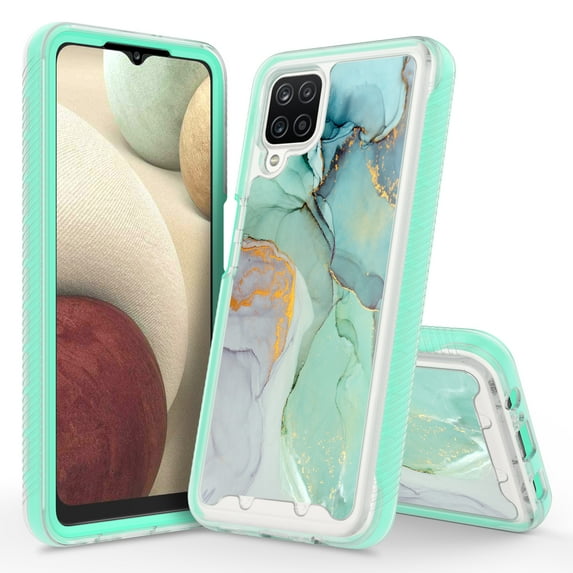 Samsung Galaxy A22 5G Case With Built-in Screen Protector, Rosebono Hybrid Graphic Design Pattern Hard Back Pannel Cover 360 Protection Case For Samsung Galaxy A22 5G (Green Marble)