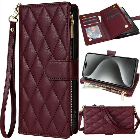 for Samsung Galaxy A22 (5G) Crossbody Wallet Leather Phone Case, Handbag Purse Zipper Pocket Folio Flip Cover Kickstand, Multi Card Holder Cash Slot, Magnetic Buckle, Wrist Lanyard + Shoulder Strap