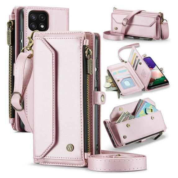 for Samsung Galaxy A22 5G Full Body Protection Wallet Folio Flip Case, Shoulder Strap & Wristlet Card Slots Zipper Pocket RFID Blocking Rugged Durable PU Leather Phone Case Cover, Pink