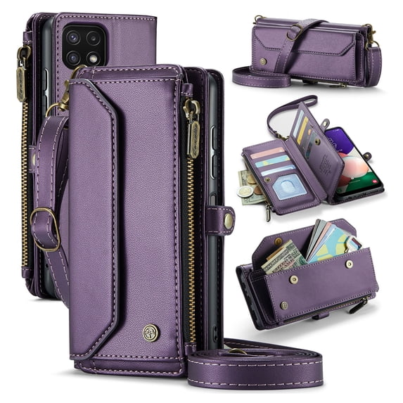 for Samsung Galaxy A22 5G Full Body Protection Wallet Folio Flip Case, Shoulder Strap & Wristlet Card Slots Zipper Pocket RFID Blocking Rugged Durable PU Leather Phone Case Cover, Purple