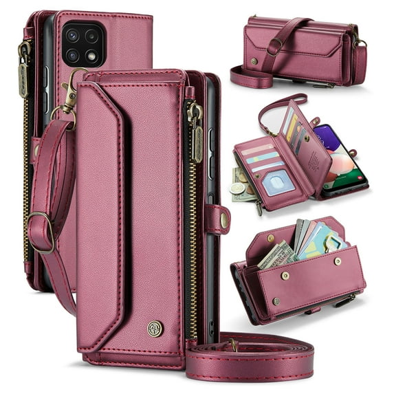 for Samsung Galaxy A22 5G Full Body Protection Wallet Folio Flip Case, Shoulder Strap & Wristlet Card Slots Zipper Pocket RFID Blocking Rugged Durable PU Leather Phone Case Cover, Winered