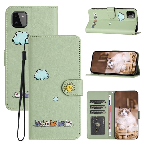 for Samsung Galaxy A22 5G Lovely Cartoon Pattern Wallet Flip PU Leather Case, with Wrist Strap / Credit Card Slots / Photo Slot / Cash Pocket Kickstand Cute Phone Cover for Galaxy A22 5G, Green