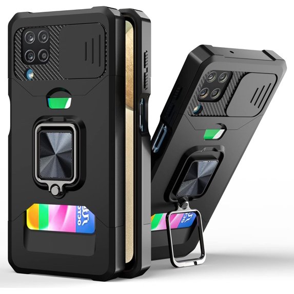 for Samsung Galaxy A22 5G (Not 4G) Sliding Window Case with Card Holders, Cover with Slide Camera Protection Built-in Magnetic Kickstand Case for Samsung Galaxy A22 5G TC Black