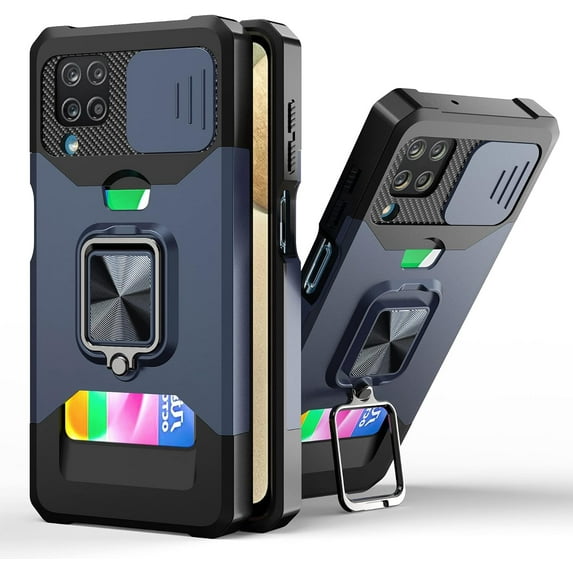 for Samsung Galaxy A22 5G (Not 4G) Sliding Window Case with Card Holders, Cover with Slide Camera Protection Built-in Magnetic Kickstand Case for Samsung Galaxy A22 5G TC Blue