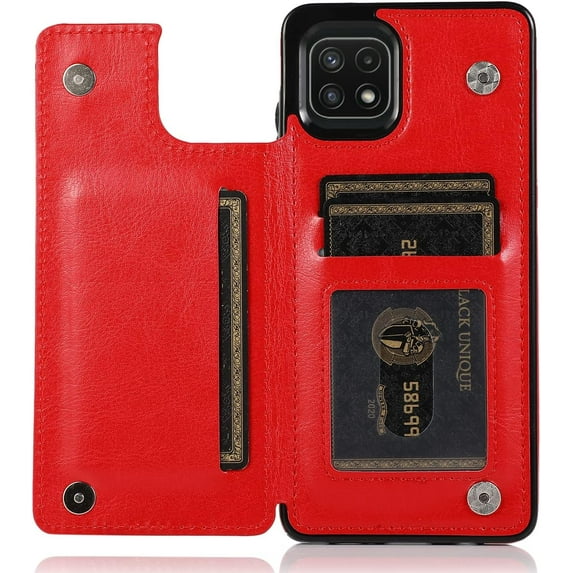 for Samsung Galaxy A22 5G (Not 4G) Wallet Case with Card Holder,PU Leather Kickstand Card Slots Case Double Magnetic Clasp Durable Shockproof Cover for Samsung Galaxy A22 5G Gules-SK