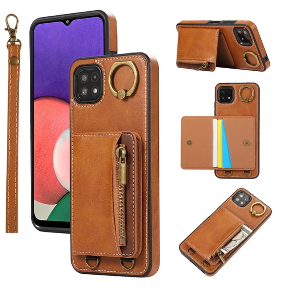 for Samsung Galaxy A22 5G PU Leather Case, Card Slots and Zipper Pocket Kickstand, Classic Protective Shockproof Lightweight Ultra Slim lip Case Finger Ring Wrist Strap for A22 5G, Brown