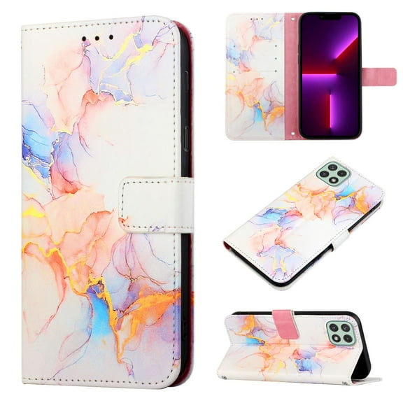 for Samsung Galaxy A22 5G PU Leather Wallet case, Marble Pattern Credit Card Holder,Flip Folio Book Kickstand Cover Women Men with Long + Short Strap for Samsung Galaxy A22 5G, Galaxy