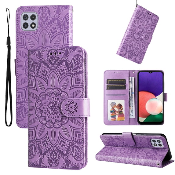 for Samsung Galaxy A22 5G Wallet Case, Embossed Sunflower Premium PU Leather Folio Flip Kickstand Card Slots Wrist Strap Magnetic Phone Cover for Samsung Galaxy A22 5G 6.6 inch (Purple)