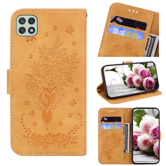 For Samsung Galaxy A22 5G Wallet Case With Kickstand Magnetic Full Body Embossed Leather Shockproof Case Flip Stand Card Cash Pocket Wallet Protective Cover,Yellow