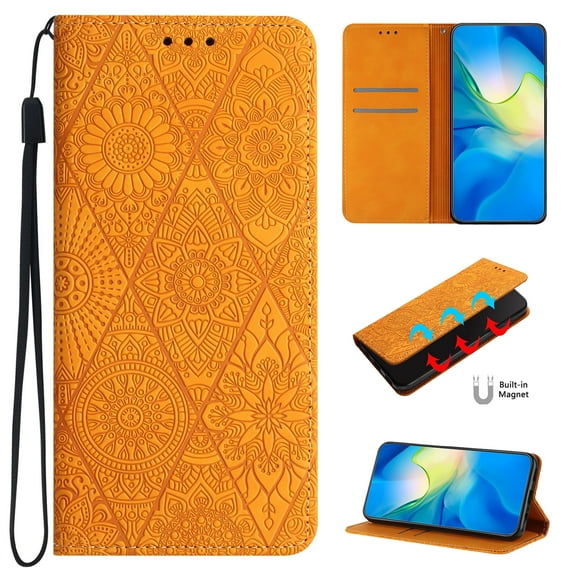 for Samsung Galaxy A22 5G Wallet Case, PU Leather Protective Case Embossed Folio Magnetic Card Slots Holder Kickstand with Wrist Strap Shockproof Slim Flip Case for Samsung Galaxy A22 5G, Yellow