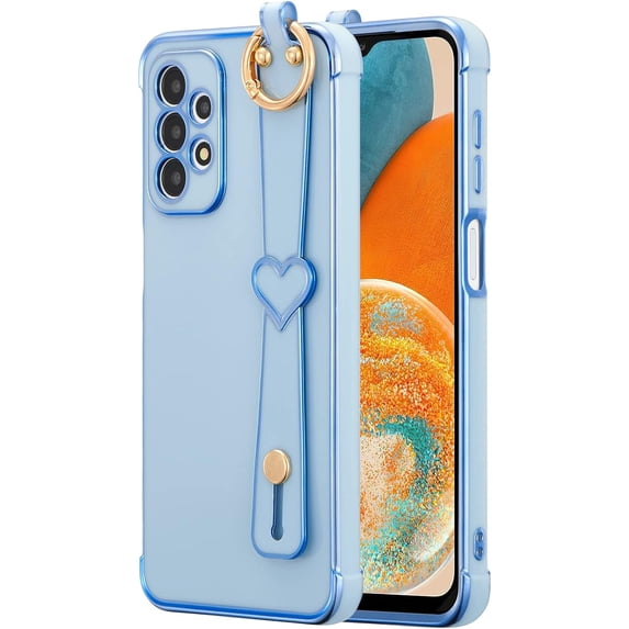 for Samsung Galaxy A23 4G/5G Case with Wristband Kickstand Plating Case Cover Slim Glossy Bling Phone Case Soft TPU Shockproof Bumper Case Luxury Electroplated Case,Blue