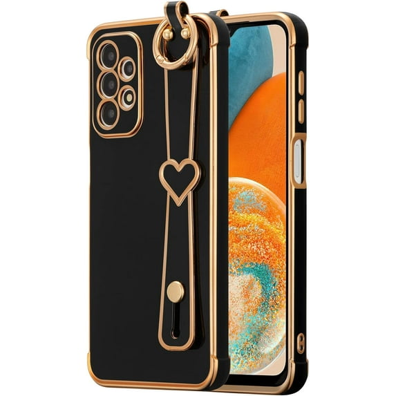 for Samsung Galaxy A23 4G/5G Case with Wristband Kickstand Plating Case Cover Slim Glossy Bling Phone Case Soft TPU Shockproof Bumper Case Luxury Electroplated Case,Black