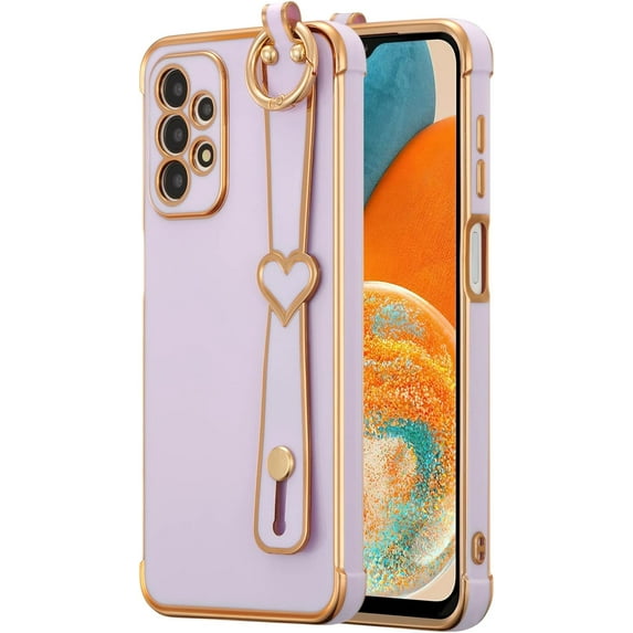 for Samsung Galaxy A23 4G/5G Case with Wristband Kickstand Plating Case Cover Slim Glossy Bling Phone Case Soft TPU Shockproof Bumper Case Luxury Electroplated Case,Purple