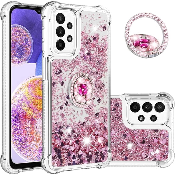 for Samsung Galaxy A23 4G/5G Glitter Case with Ring Holder, Bling Sparkle Floating Liquid Soft TPU Cushion Fashion Girly Women Girls Clear Case Cover for Samsung Galaxy A23 Rose Gold
