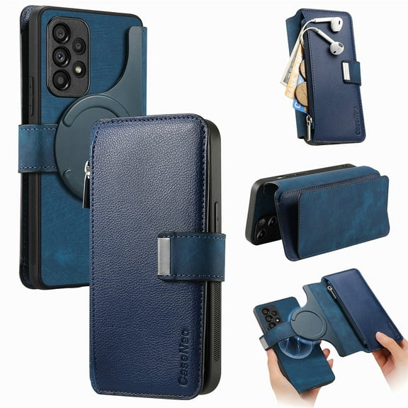 for Samsung Galaxy A23 4G Case Wallet, Detachable Magnetic 2-in-1 Wallet Flip Case for Women Men with RFID Blocking Card Slots Zipper Pocket Kickstand PU Leather Cover for Galaxy A23 4G, Blue