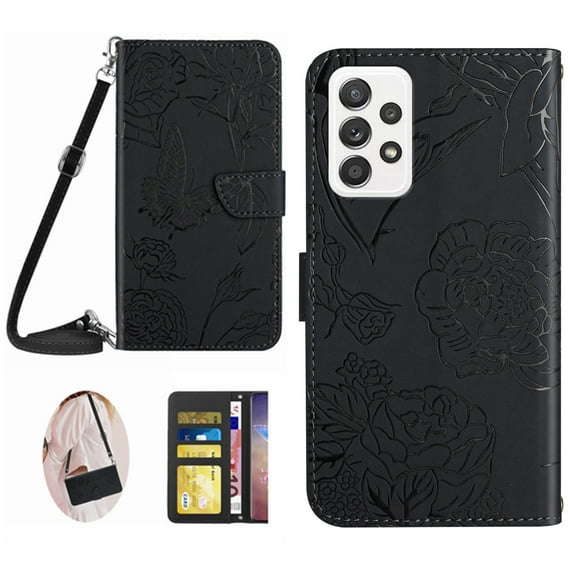 for Samsung Galaxy A23 4G Phone Case Wallet,Crossbody Strap Women Flip Folio Cover with Card Holders Butterfly Embossed Premium PU Leather Kickstand Wrist Strap Magnetic Closure Case,Black
