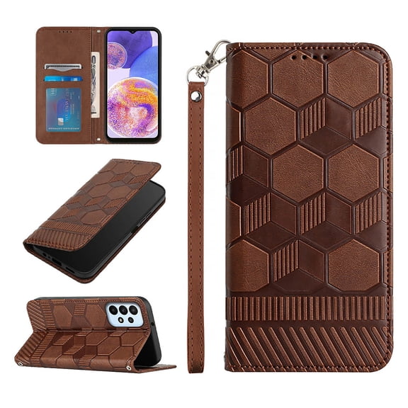 for Samsung Galaxy A23 5G 6.6 inch Wallet Phone Case with Wrist Strap,Football Embosed Pattern PU Leather Drop Protection Magnetic Flip Holder Stand Card Slots Slim Phone Cover,Brown
