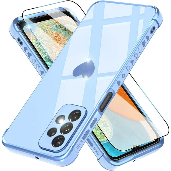 for Samsung Galaxy A23 5G Case with HD Screen Protector Shockproof Protection, Love Heart Plating Girly Women Cute Soft TPU Luxury Elegant Case for Galaxy A23 4G/5G, Blue