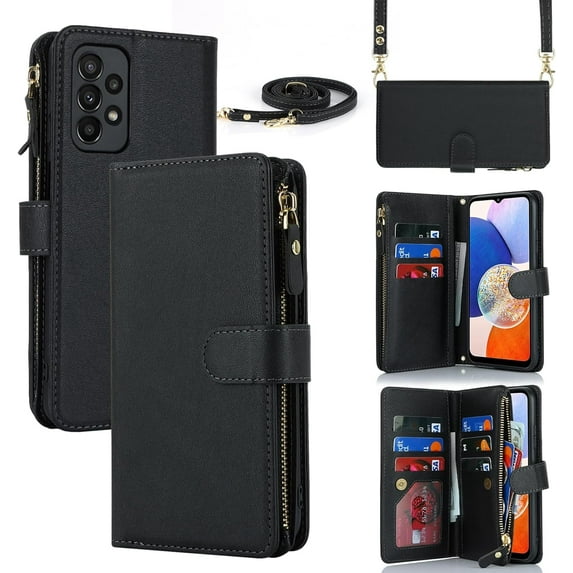 for Samsung Galaxy A23 5G Phone Case Wallet with Card Holder for Women,Crossbody Case for Samsung A23 5G with Strap Lanyard,Zipper Pocket Magnetic Flip Leather A23 Case, 6.6" Black