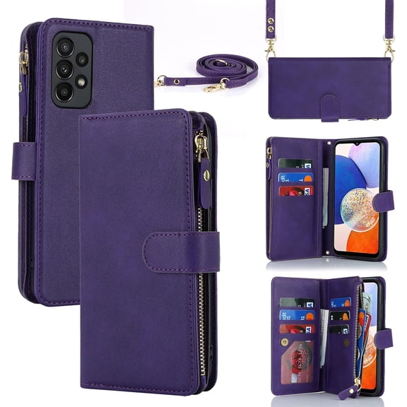 for Samsung Galaxy A23 5G Phone Case Wallet with Card Holder for Women,Crossbody Case for Samsung A23 5G with Strap Lanyard,Zipper Pocket Magnetic Flip Leather A23 Case, 6.6" Purple