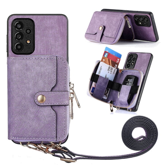 for Samsung Galaxy A23 5G Wallet Case, Crossbody Phone Purse with Card Holder for Women, Zipper PU Leather Carrying Cover Gift with Shoulder Strap Kickstand Anti-drop for A23 5G - Purple