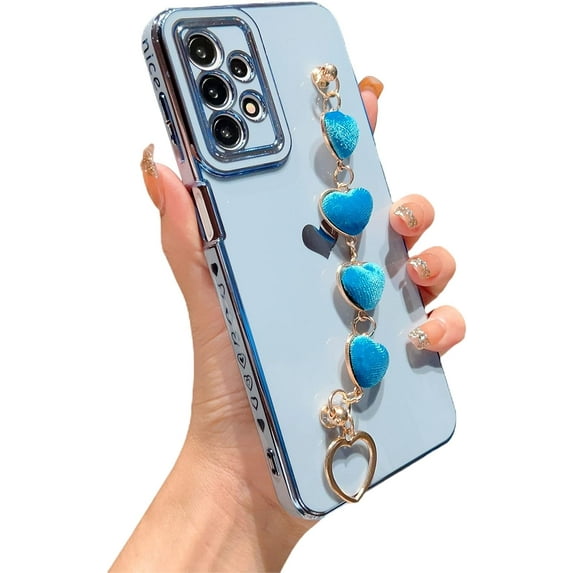 Samsung Galaxy A23 5g Phone Case with Cute Heart Bracelet Strap Luxury Plating Hearts Pattren Cover with Hearts Hand Chain for Women Camera Protection Shockproof Bumper for Galaxy A23 (Blue)