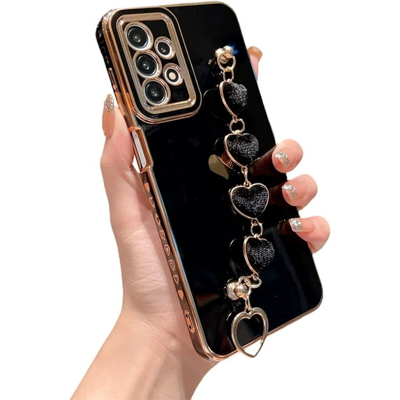Samsung Galaxy A23 5g Phone Case with Cute Heart Bracelet Strap Luxury Plating Hearts Pattren Cover with Hearts Hand Chain for Women Camera Protection Shockproof Bumper for Galaxy A23 (Black)