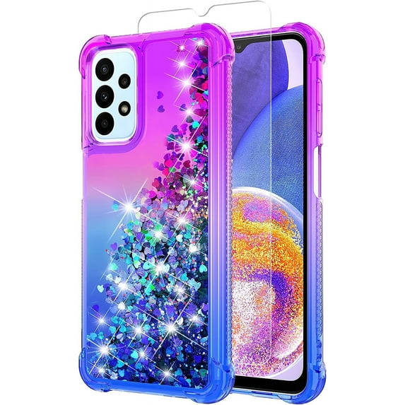 for Samsung Galaxy A23 Case,Galaxy A23 5G Case,with HD Screen Protector,Gradient Quicksand Glitter Liquid Floating Waterfall Durable Girls Cute Phone Case for Samsung A23 5G (Purple/Blue)