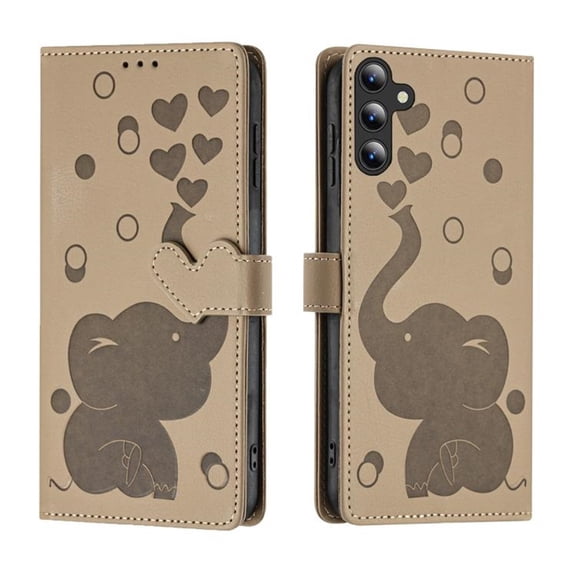 For Samsung Galaxy A24 4G 6.5" Cartoon Elephant Embossed Strong Magnetic Attachment/Closure, Card Slots/Pocket, With Hand Strap,PU Leather Flip Wallet Case ,khaki,For Galaxy A24 (4G)